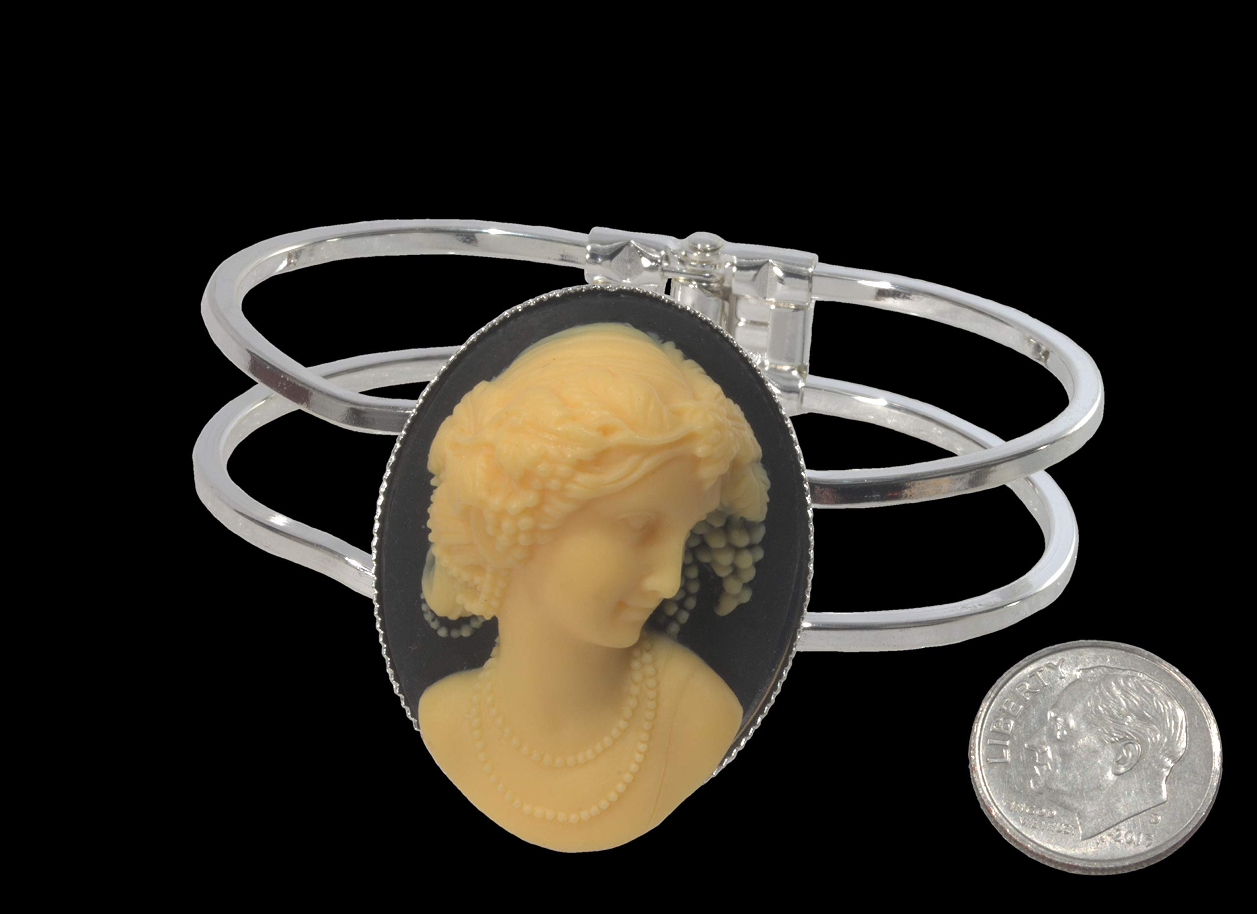 Hinged 3-D Victorian Acrylic Cameo Cabochon Silver Plated Bangle Bracelet + GIFT BAG