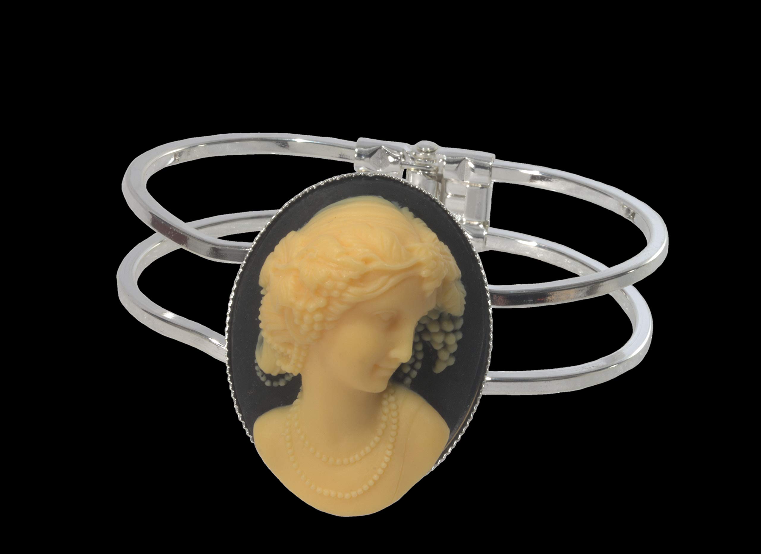 Hinged 3-D Victorian Acrylic Cameo Cabochon Silver Plated Bangle Bracelet + GIFT BAG