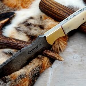 Ottoza Tracker Knife & Bone Handle - Damascus Hunting Knife - Horizontal Carry Knife Sheath 115