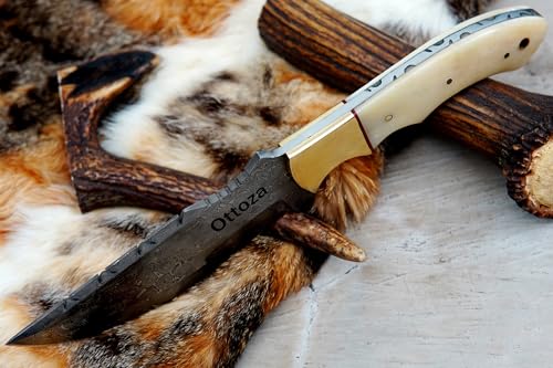 Ottoza Tracker Knife & Bone Handle - Damascus Hunting Knife - Horizontal Carry Knife Sheath 115