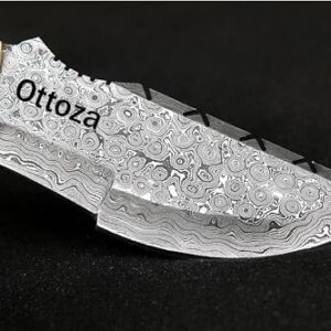 Ottoza Tracker Knife & Bone Handle - Damascus Hunting Knife - Horizontal Carry Knife Sheath 115