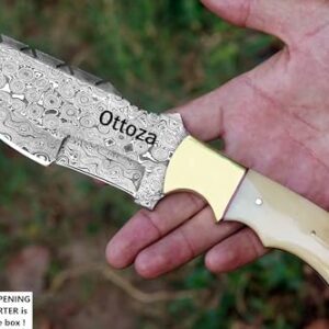 Ottoza Tracker Knife & Bone Handle - Damascus Hunting Knife - Horizontal Carry Knife Sheath 115