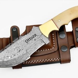 Ottoza Tracker Knife & Bone Handle - Damascus Hunting Knife - Horizontal Carry Knife Sheath 115