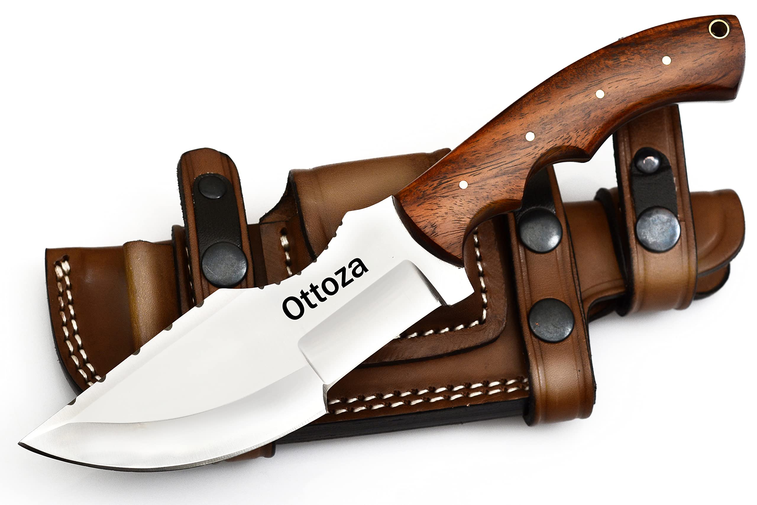 Ottoza Tracker Knife, D2 Steel Fixed Blade Hunting Knife with Wood Handle & Sheath, Full Tang Survival Knife for Men - No:116