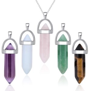 JXMYBA 5pcs Crystal Necklace Hexagonal Pendant Gemstone Chakra Healing stone Crystal Jewelry for Women Girls Men Birthday Gifts…