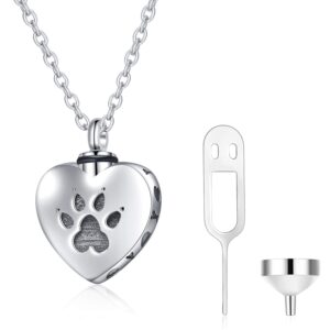 WINNICACA Cremation Jewelry Pet Urn Keepsake Necklace Sterling Silver Heart Urn Necklaces for Ashes for Dog Cat Paw w/Funnel Filler Kit