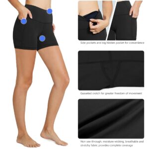 BALEAF Biker Shorts Women Yoga Gym Workout Spandex Running Volleyball Tummy Control Compression Shorts with Pockets 5" Black XXXL