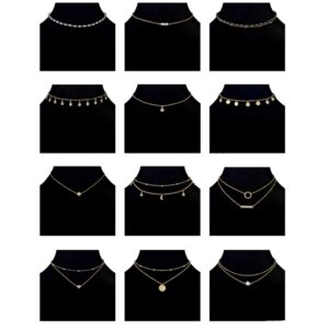 Ofeiyaa 12pcs Chain Gold Bead Necklace Coin Moon Star Pearl Pendant Chain Choker Multilayer Necklace Leather Cord Set for Women Men Gold Adjustable