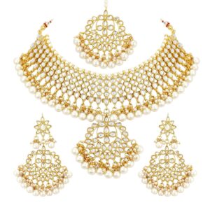 aheli kundan pearls designer necklace earrings maang tikka set indian traditional ethnic engagement wedding party wear jewelry for women