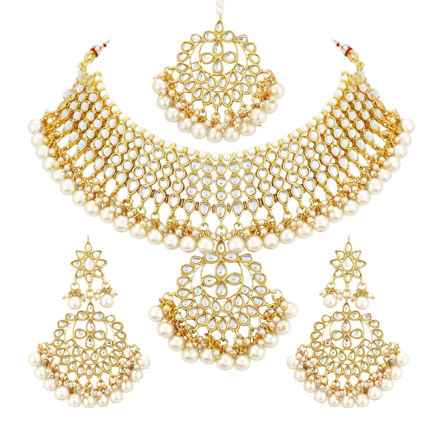 Aheli Kundan Pearls Designer Necklace Earrings Maang Tikka Set Indian Traditional Ethnic Engagement Wedding Party Wear Jewelry for Women