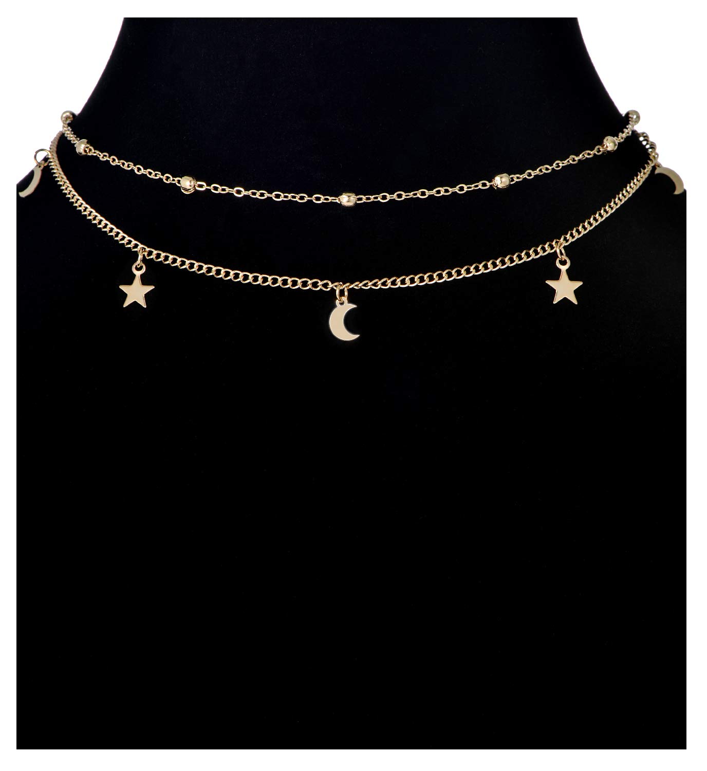 Ofeiyaa 12pcs Chain Gold Bead Necklace Coin Moon Star Pearl Pendant Chain Choker Multilayer Necklace Leather Cord Set for Women Men Gold Adjustable