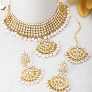 Aheli Kundan Pearls Designer Necklace Earrings Maang Tikka Set Indian Traditional Ethnic Engagement Wedding Party Wear Jewelry for Women