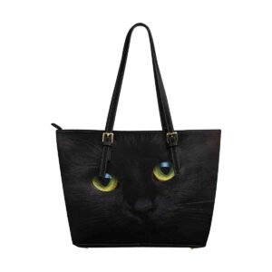 interestprint custom pu leather totes top handle casual shoulder bags muzzle of a black cat closeup