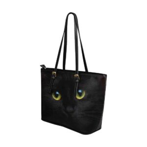 InterestPrint Custom PU Leather Totes Top Handle Casual Shoulder Bags Muzzle of a Black Cat Closeup