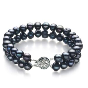 Lavinia Black 6-7mm Double Strand A Quality Freshwater 925 Sterling Silver Cultured Pearl Bracelet-8 in length