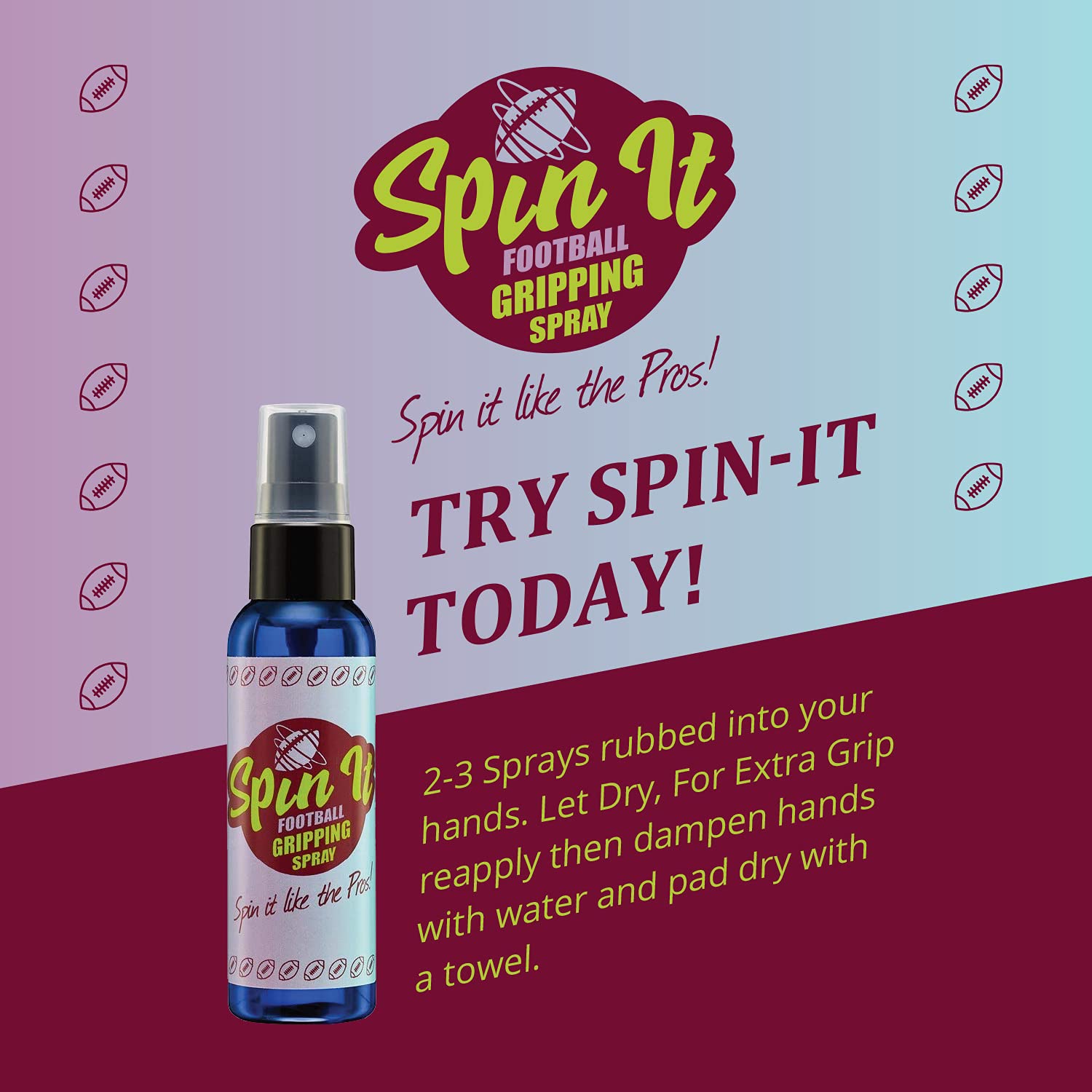 Spin iT Football Grip Spray - Firm Grip With or Without Football Gloves - Compliment to Football Training Equipment & Football Accessories - Increased Football Grip Playing Youth Football (2 oz)