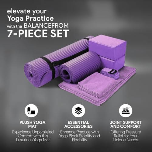 BalanceFrom 7-Piece Set - Include Yoga Mat with Carrying Strap, 2 Yoga Blocks, Yoga Mat Towel, Yoga Hand Towel, Yoga Strap and Yoga Knee Pad (Purple, 1/2"-Thick Mat)