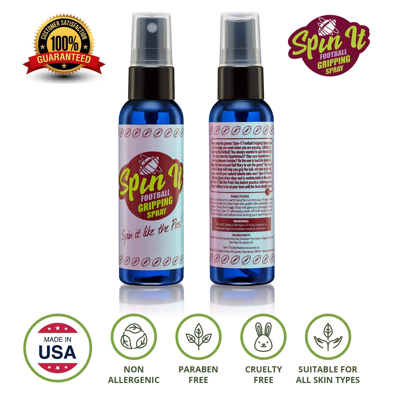 Spin iT Football Grip Spray - Firm Grip With or Without Football Gloves - Compliment to Football Training Equipment & Football Accessories - Increased Football Grip Playing Youth Football (2 oz)