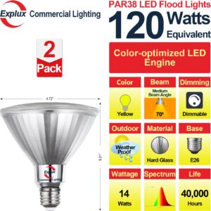 Explux Outdoor-tough Full Glass LED PAR38 Flood Yellow Light Bulbs, 120W Equivalent, Weatherproof & Anti-Ageing, Dimmable, Yellow Color Spotlight, 2-Pack