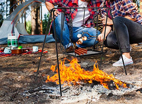 Bruntmor Grill Swing Campfire Cooking Stand BBQ Grill for Cookware & Dutch Oven Adjustable Collapsible Legs with Hooks & Accessories & Carrying Case Black