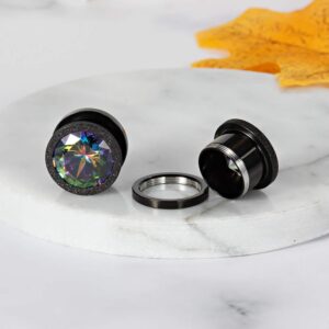 KUBOOZ Ear Plug Tunnel Gauge Stretcher Piercing Colorful Zircon Center Black Stainless Steel Screw 2G