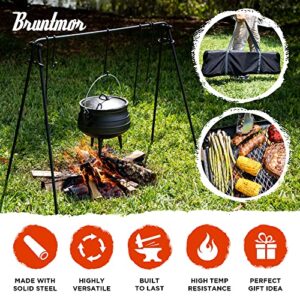 Bruntmor Grill Swing Campfire Cooking Stand BBQ Grill for Cookware & Dutch Oven Adjustable Collapsible Legs with Hooks & Accessories & Carrying Case Black