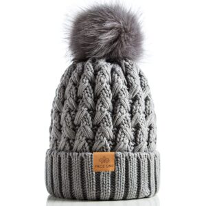 page one womens winter ribbed beanie crossed cap chunky cable knit pompom soft warm hat light gray