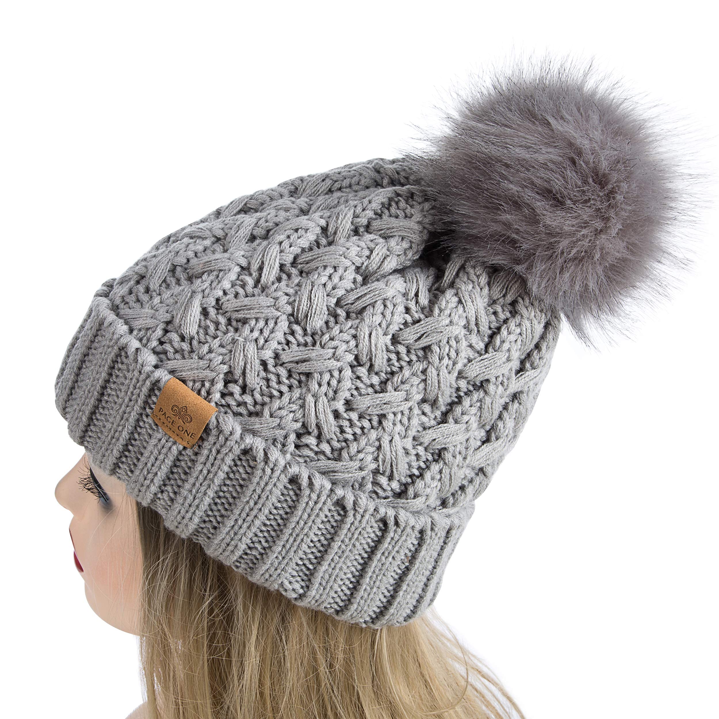 PAGE ONE Womens Winter Ribbed Beanie Crossed Cap Chunky Cable Knit Pompom Soft Warm Hat Light Gray