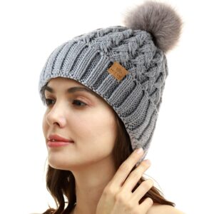 PAGE ONE Womens Winter Ribbed Beanie Crossed Cap Chunky Cable Knit Pompom Soft Warm Hat Light Gray