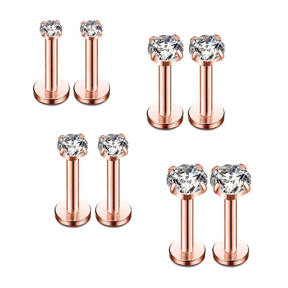 16G Diamond CZ Lip Rings Labret Monroe Nose Tragus Helix Ear Piercing Jewelry Surgical Stainless Steel 2mm 3mm 4mm 5mm CZ 8 Pcs 6mm 8mm Bar (8 Pcs Rose Gold - Bar 8mm; CZ:2-5mm)