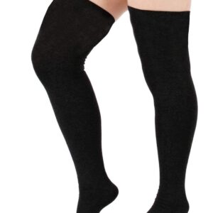 Zando Plus Size Thigh High Stockings Plus Size Long Socks Sexy Cosplay Wide Calf Striped Thigh High Socks Halloween Knee High Socks Girls Warm Socks for Thick Thighs A 1 Pack Black 8-12