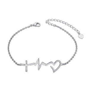 DAOCHONG S925 Sterling Silver Faith Hope Love Cross Lifeline Heart Adjustable Chain Bracelet for Women Christian Jewelry Christmas Gifts, 7" + 2"