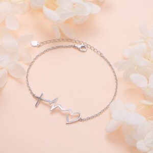 DAOCHONG S925 Sterling Silver Faith Hope Love Cross Lifeline Heart Adjustable Chain Bracelet for Women Christian Jewelry Christmas Gifts, 7" + 2"