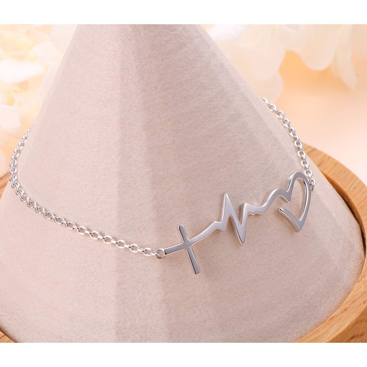 DAOCHONG S925 Sterling Silver Faith Hope Love Cross Lifeline Heart Adjustable Chain Bracelet for Women Christian Jewelry Christmas Gifts, 7" + 2"