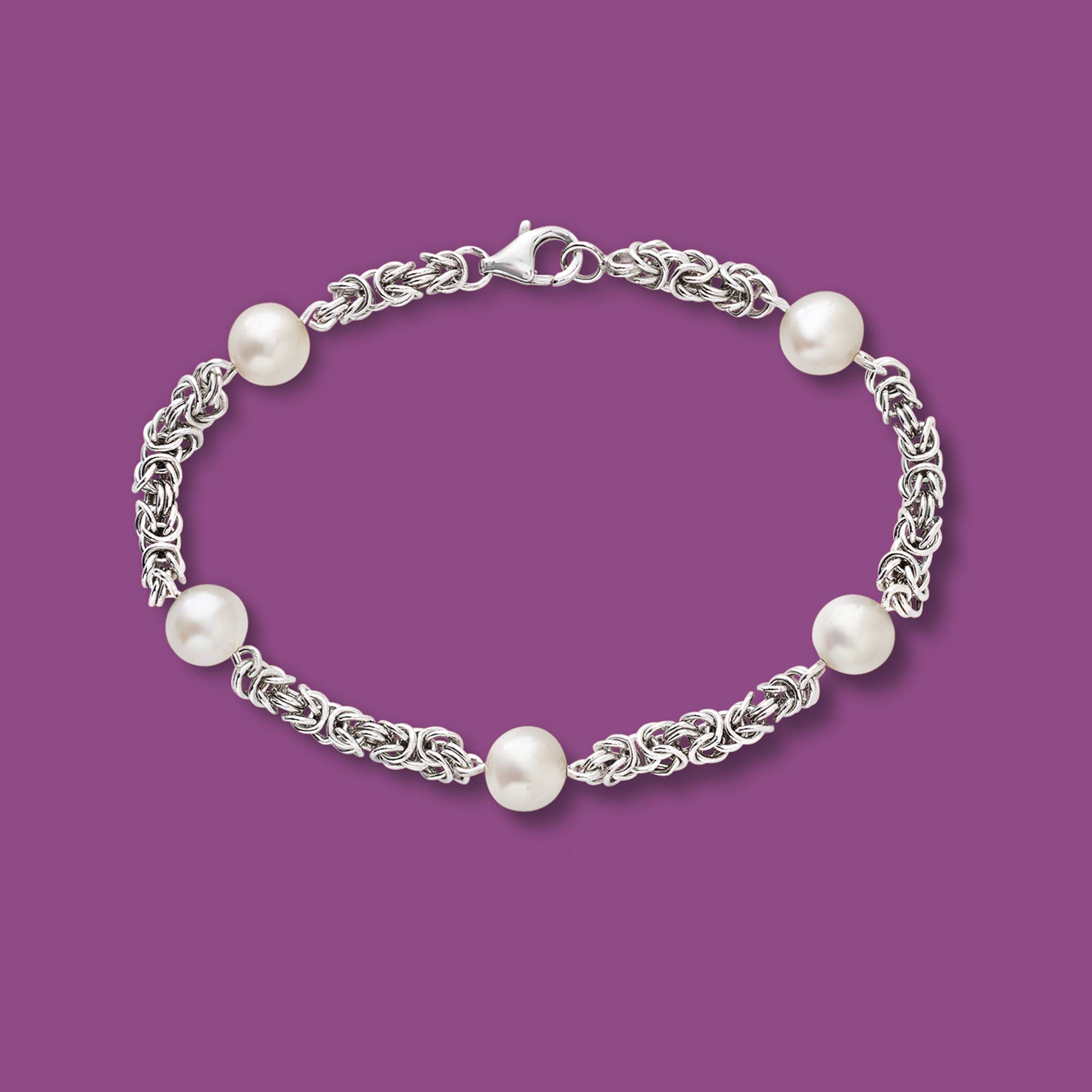 Ross-Simons 7mm Cultured Pearl Byzantine Station Bracelet in Sterling Silver. 7 inches