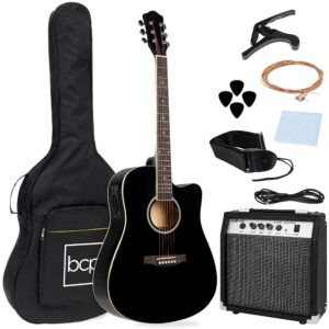 best choice products beginner acoustic electric guitar starter set w/ 41in, all wood cutaway design, case, strap, picks - black