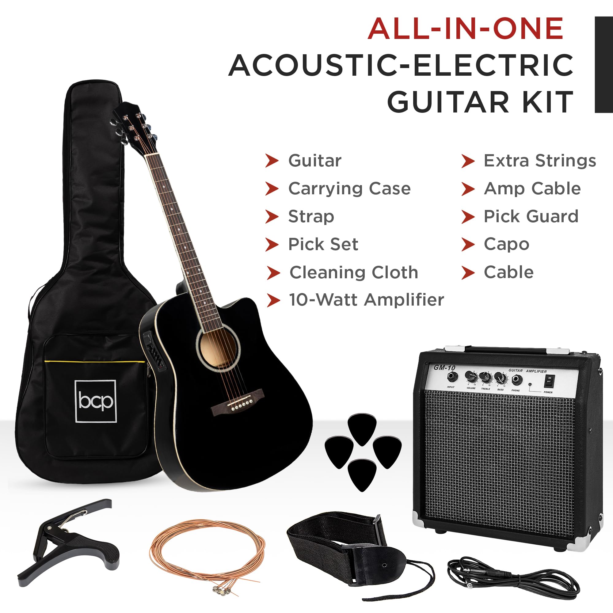 Best Choice Products Beginner Acoustic Electric Guitar Starter Set w/ 41in, All Wood Cutaway Design, Case, Strap, Picks - Black