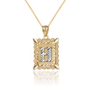 LA BLINGZ 10K Yellow Gold Filigree Alphabet Initial Letter DC Small Charm Necklace (16, Letter H)