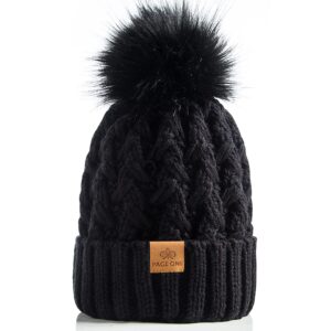 PAGE ONE Womens Winter Ribbed Beanie Crossed Cap Chunky Cable Knit Pompom Soft Warm Hat Black