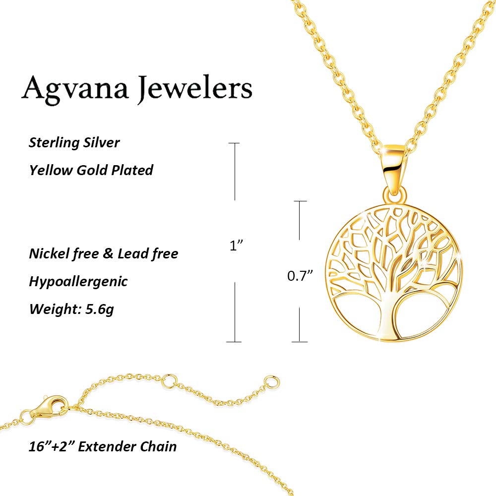 AGVANA Gold Plated Sterling Silver Tree of Life Pendant Necklace for Women Dainty Family Tree Necklace Anniversary Jewelry Birthday Gifts for Women Mom Wife Lover Grandma Her