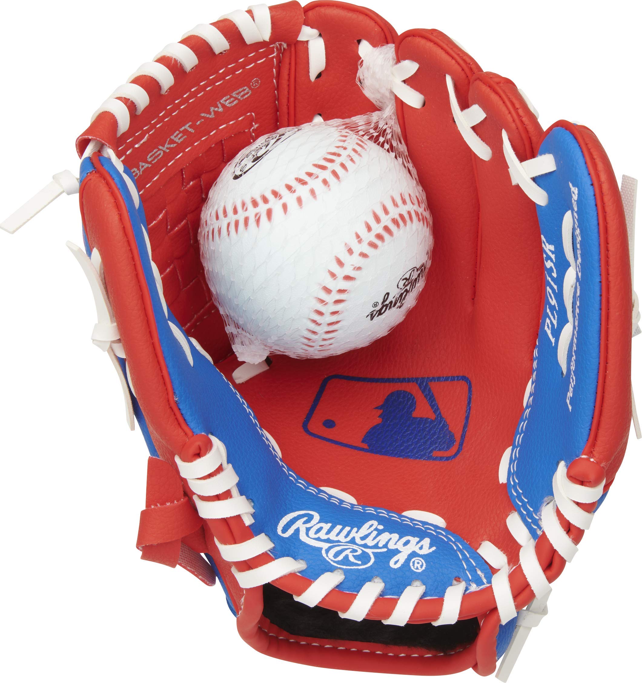 Rawlings | PLAYERS Series T-Ball & Youth Baseball Glove | Right Hand Throw | 9" | Red/Blue with Ball