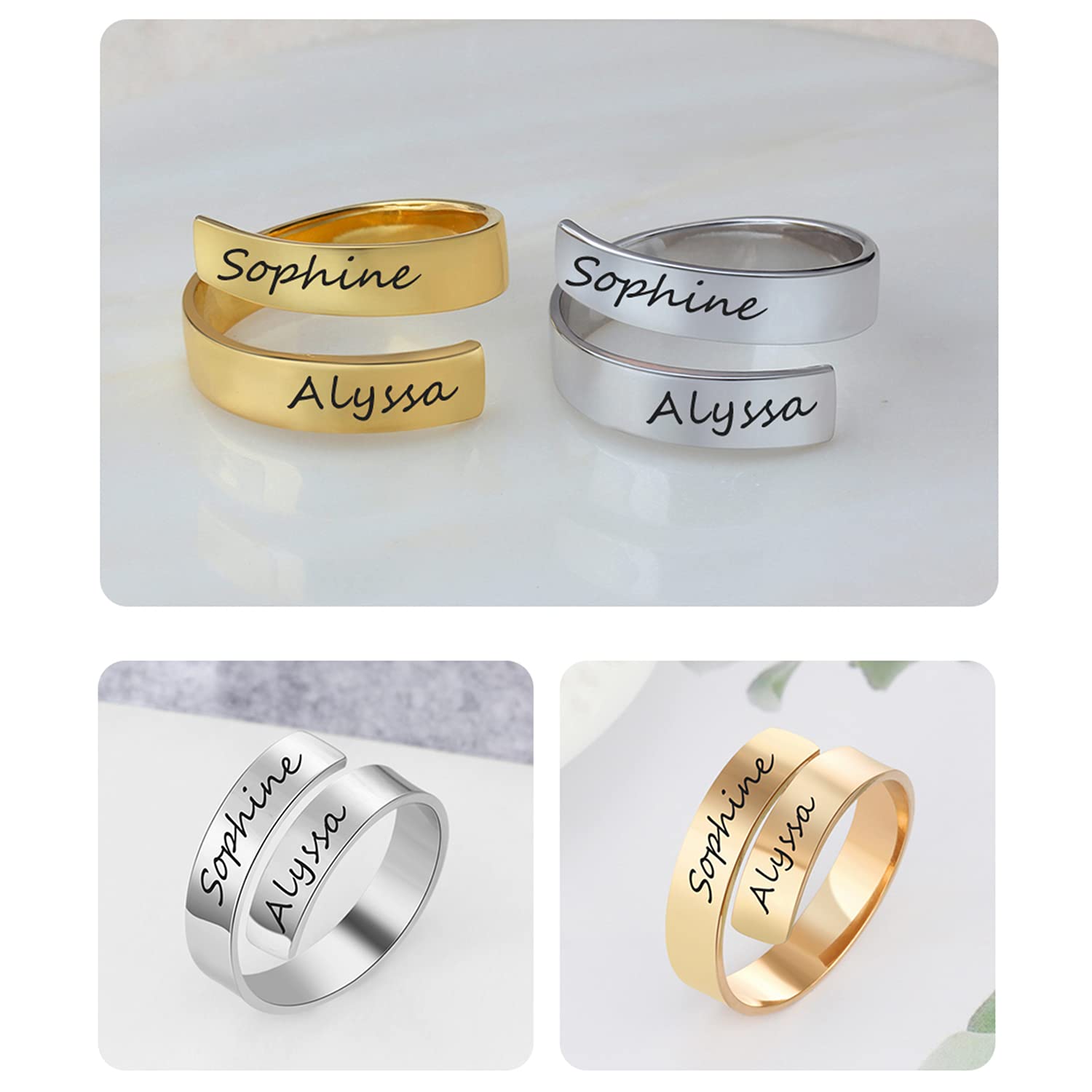 PEIMKO Spiral Name Ring Personalized Adjustable/Open Twist Ring BFF Engraved 2 Names in Sterling Silver/Gold Plated Size 4-15, 1 Piece (925 Sterling Silver)