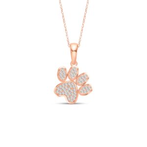 Diamond2Deal 10K Rose Solid Gold Diamond Dog Paw Print Pendant Rope Chain Necklace for Women 18inch (1/8Ct/ I2,H-I)