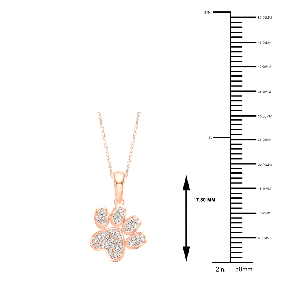 Diamond2Deal 10K Rose Solid Gold Diamond Dog Paw Print Pendant Rope Chain Necklace for Women 18inch (1/8Ct/ I2,H-I)