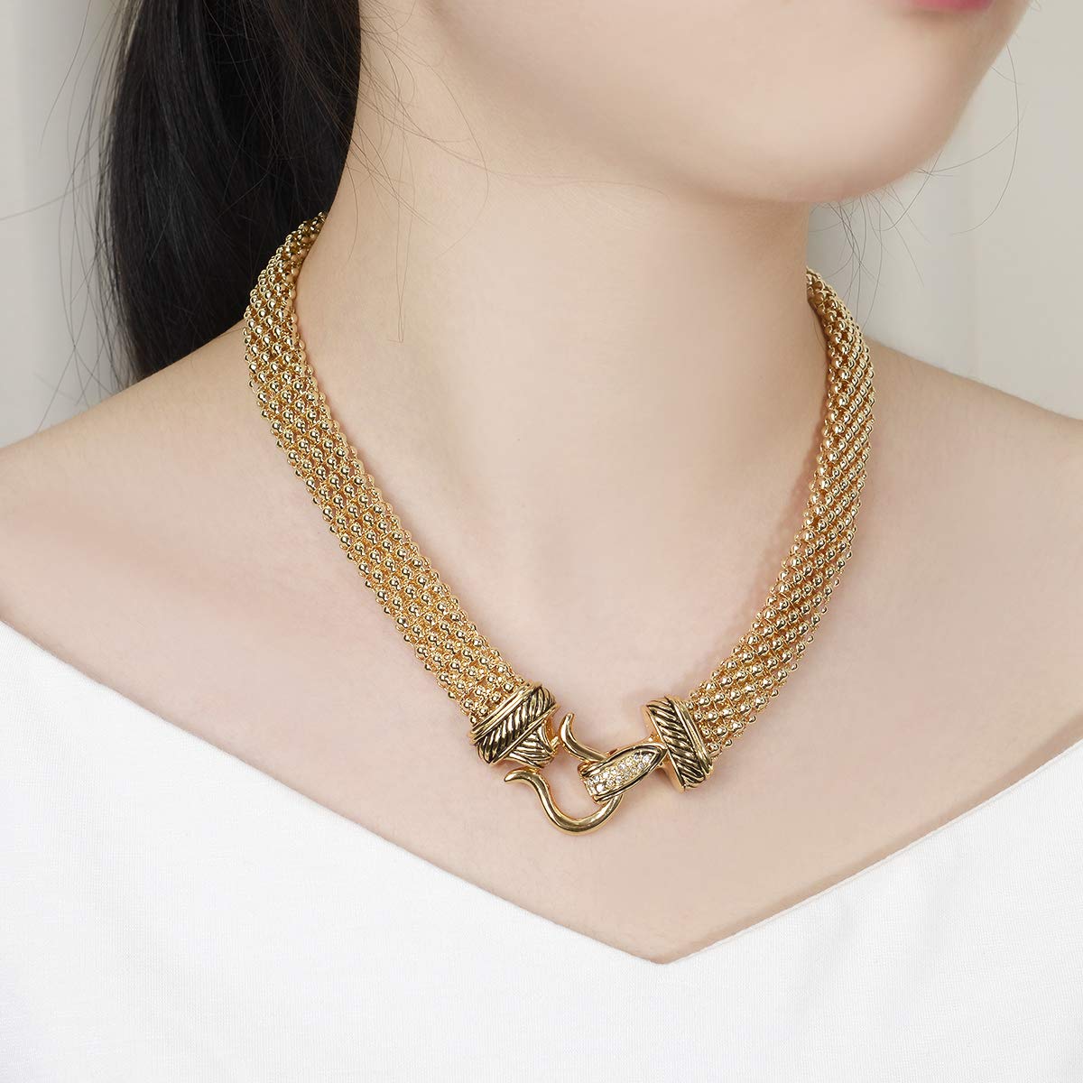 UNY Short Necklace 48cm Popcorn chain Magnetic Claps Classic Elegant Vintage Antique Jewelry (Gold)