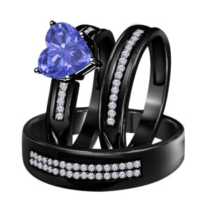 ds jewels his and hers matching wedding band ring set 14k black rhodium plated alloy 6 mm heat cut cz tanzanite engagement trio bridal set