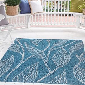 Unique Loom Outdoor Botanical Collection Area Rug - Leaf (6' 1" x 9' Rectangle, Teal/ Ivory)