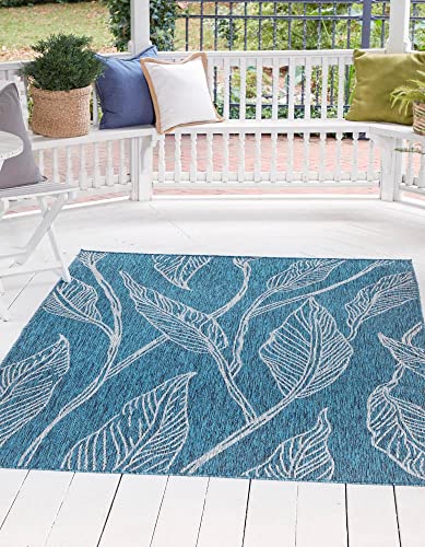 Unique Loom Outdoor Botanical Collection Area Rug - Leaf (6' 1" x 9' Rectangle, Teal/ Ivory)