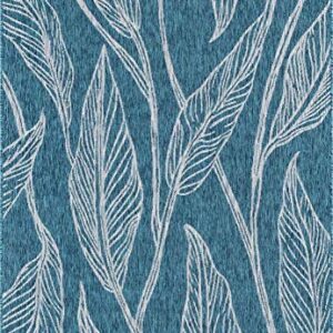 Unique Loom Outdoor Botanical Collection Area Rug - Leaf (6' 1" x 9' Rectangle, Teal/ Ivory)