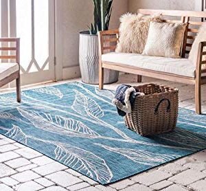 Unique Loom Outdoor Botanical Collection Area Rug - Leaf (6' 1" x 9' Rectangle, Teal/ Ivory)